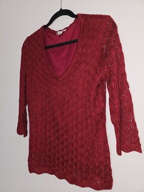 Cato Red V-Neck Crochet Knit Sweater